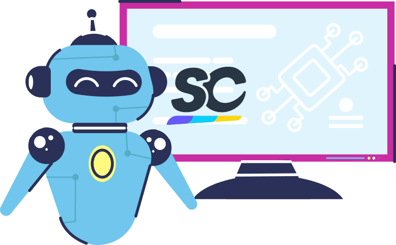 A Robot next to a computer with design elements and the Safety Culture Logo